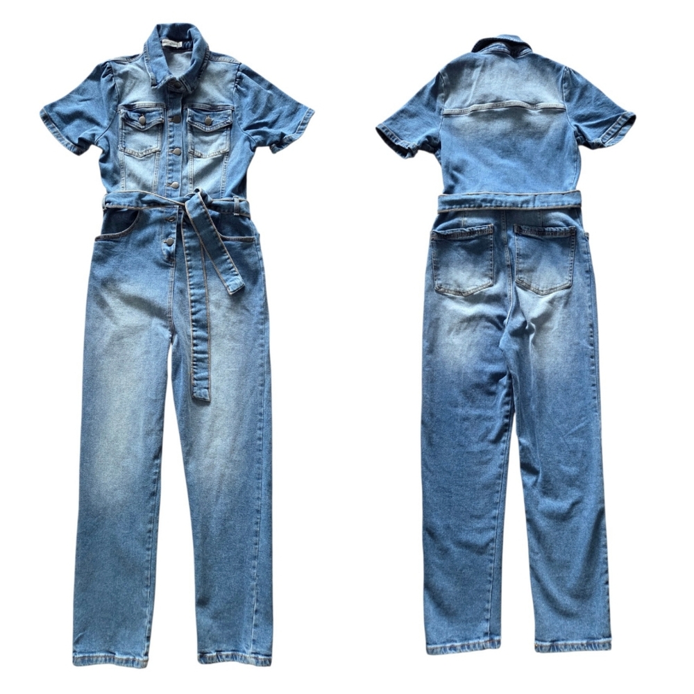 Avec Les Filles Women's Blue Jean Denim Jumpsuit Size‎ 28 Belted Stretch Pockets